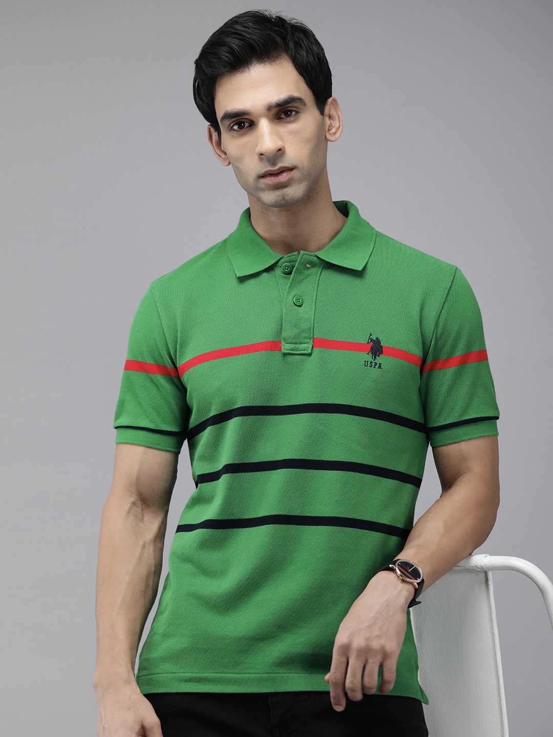 

U.S. Polo Assn. Pure Cotton Slim Fit Striped Polo Collar Casual T-shirt, Green