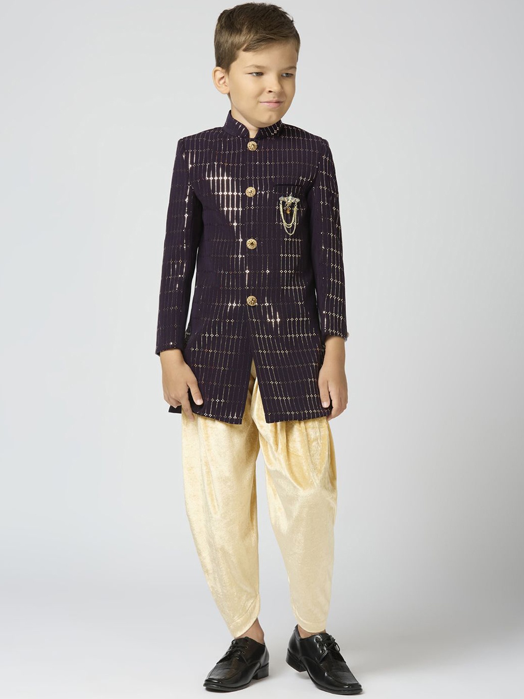 

Sangria Boys Self Designed Long Sleeve Sherwani Set, Purple