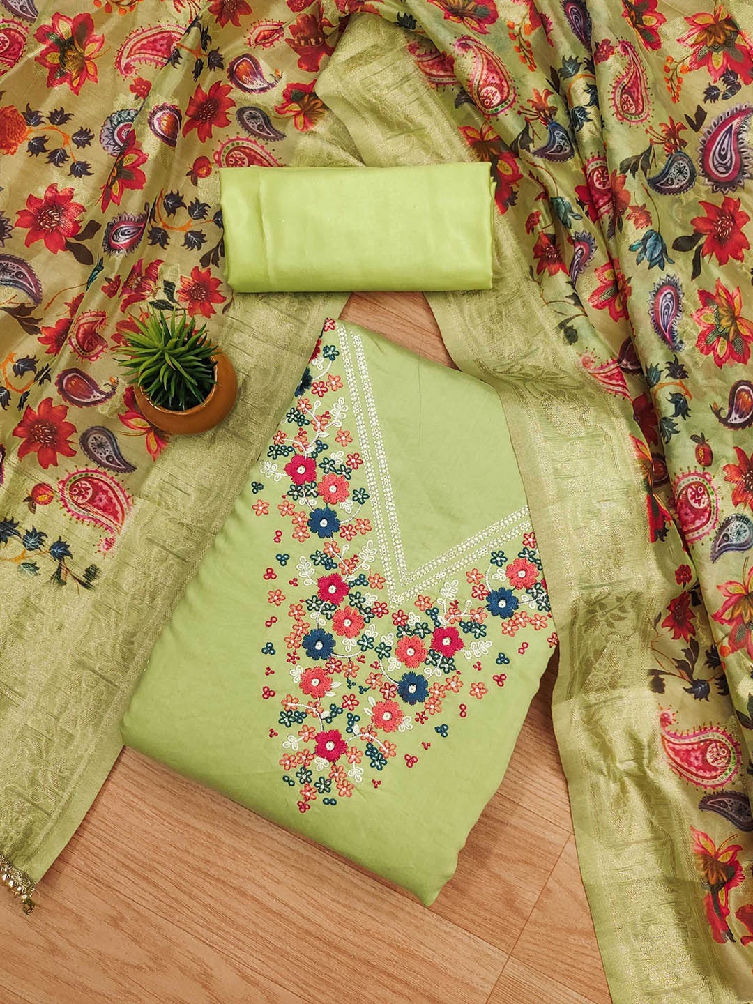 

KALINI Embroidered Unstitched Dress Material, Green