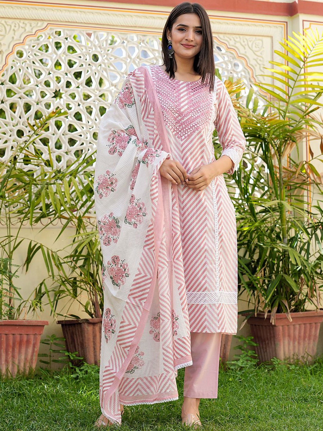 

ERISHA Women Floral Embroidered Regular Beads and Stones Pure Cotton Kurta with Trousers & With Dupatta, Pink