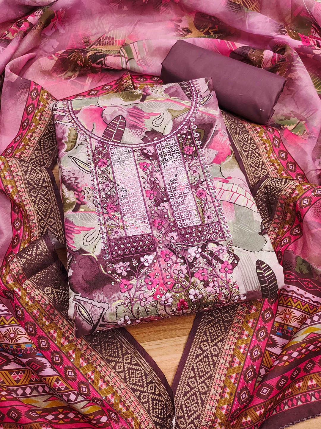

KALINI Embroidered Unstitched Dress Material, Purple