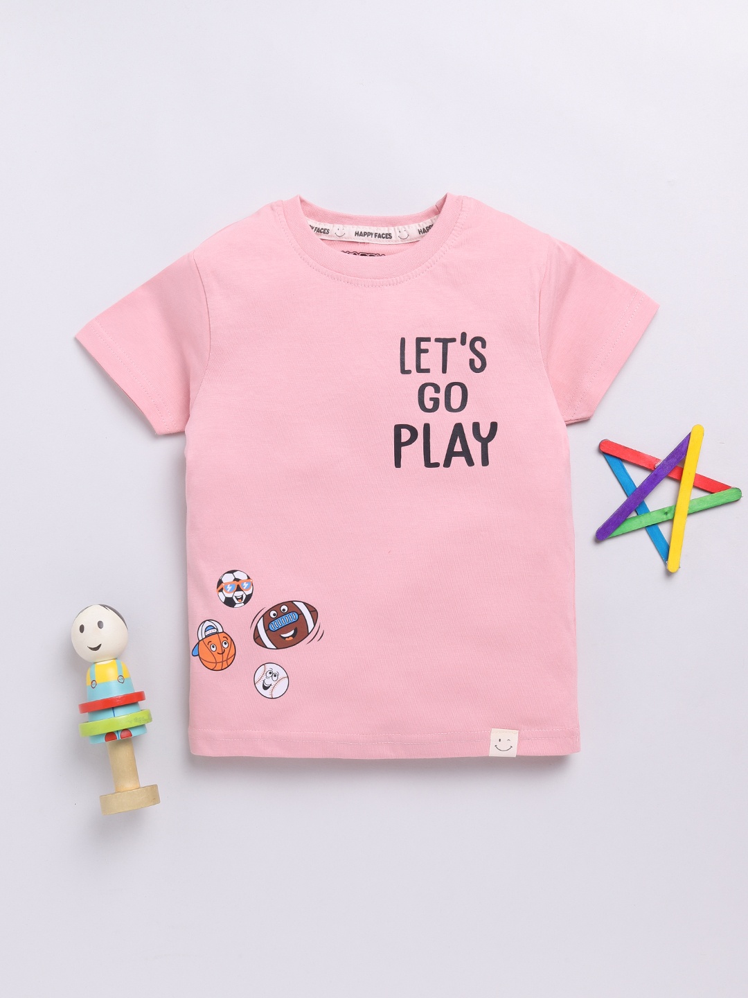 

Happy Faces Boys Pure Cotton Typography & Graphic Printed T-shirt, Pink