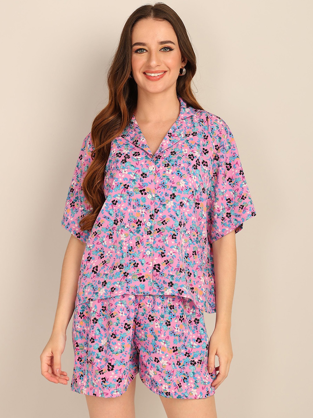 

Murcia Floral Printed Shirt Collar Short Sleeves Shirt & Shorts, Purple