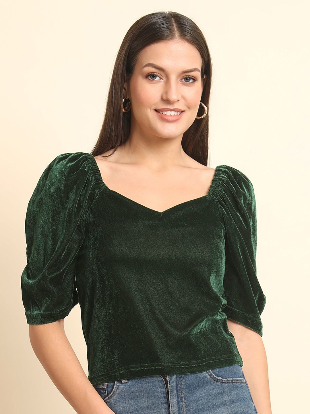 

BAESD Women Sweetheart Neck Puff Sleeve Velvet Top, Green