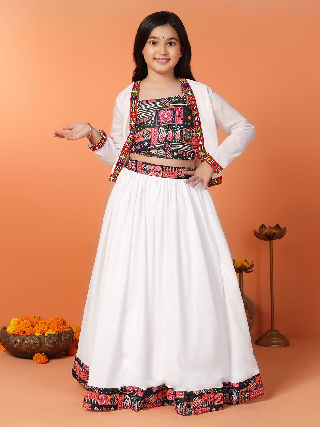 

BAESD Girls Printed Ready to Wear Lehenga &, White