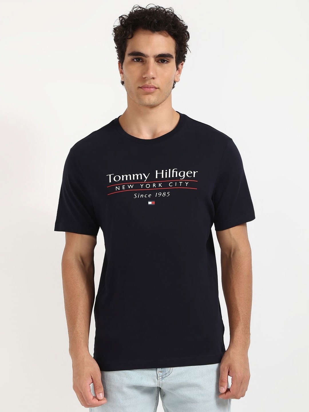 

Tommy Hilfiger Men Typography Printed Round Neck Cotton T-shirt, Blue
