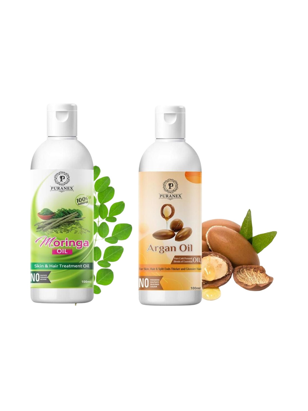 

Puranex Set Of 2 100% Cold Pressed Moringa & Argan Oil For Skin & Hair - 100 ml Each, Transparent