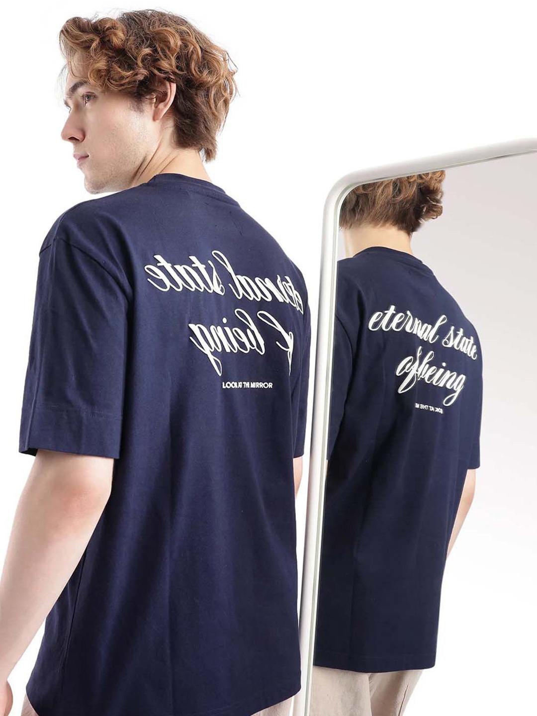 

RARE RABBIT Men Typography Printed Round Neck Cotton Relaxed Fit T-shirt, Navy blue