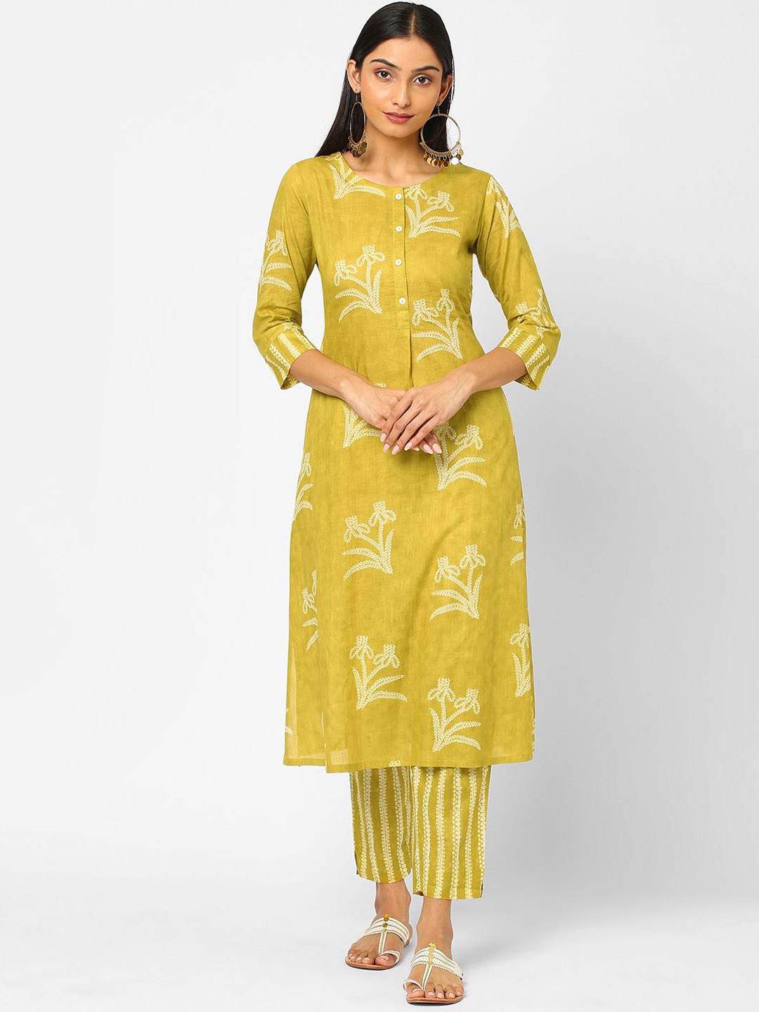 

KAMI KUBI Women Printed Regular Pure Cotton Kurta with Trousers, Mustard