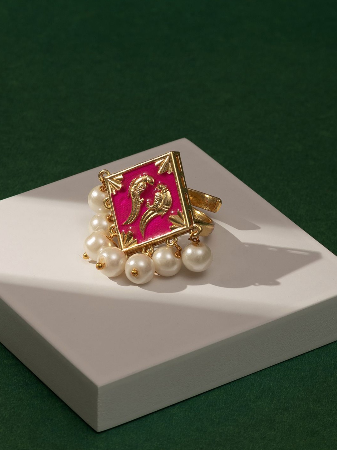 

TEEJH Gold-Plated Beaded Adjustable Finger Ring