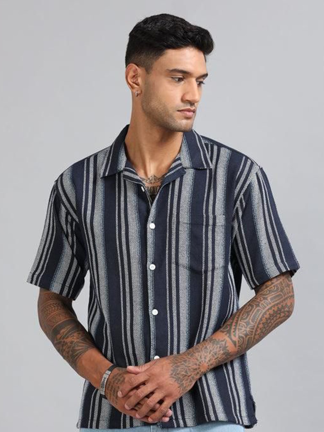

HOUSE OF MAHNOTS Men Classic Opaque Striped Casual Shirt, Blue