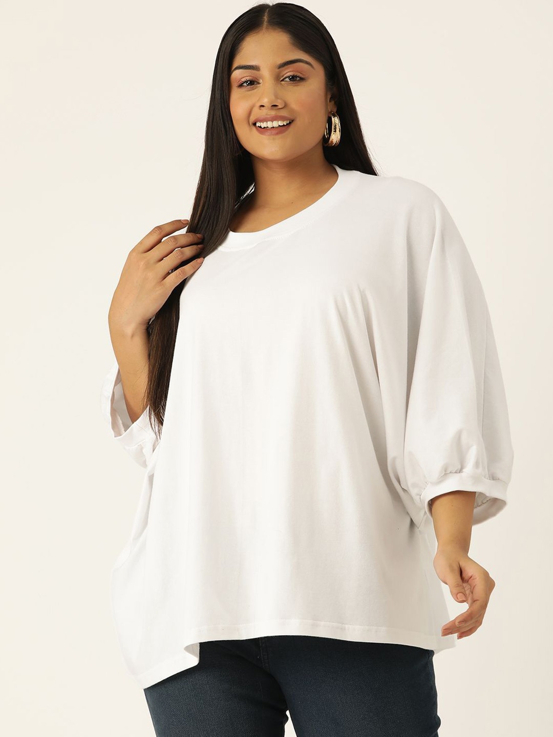 

theRebelinme Women Plus Size Puff Sleeve Cotton Longline Top, White