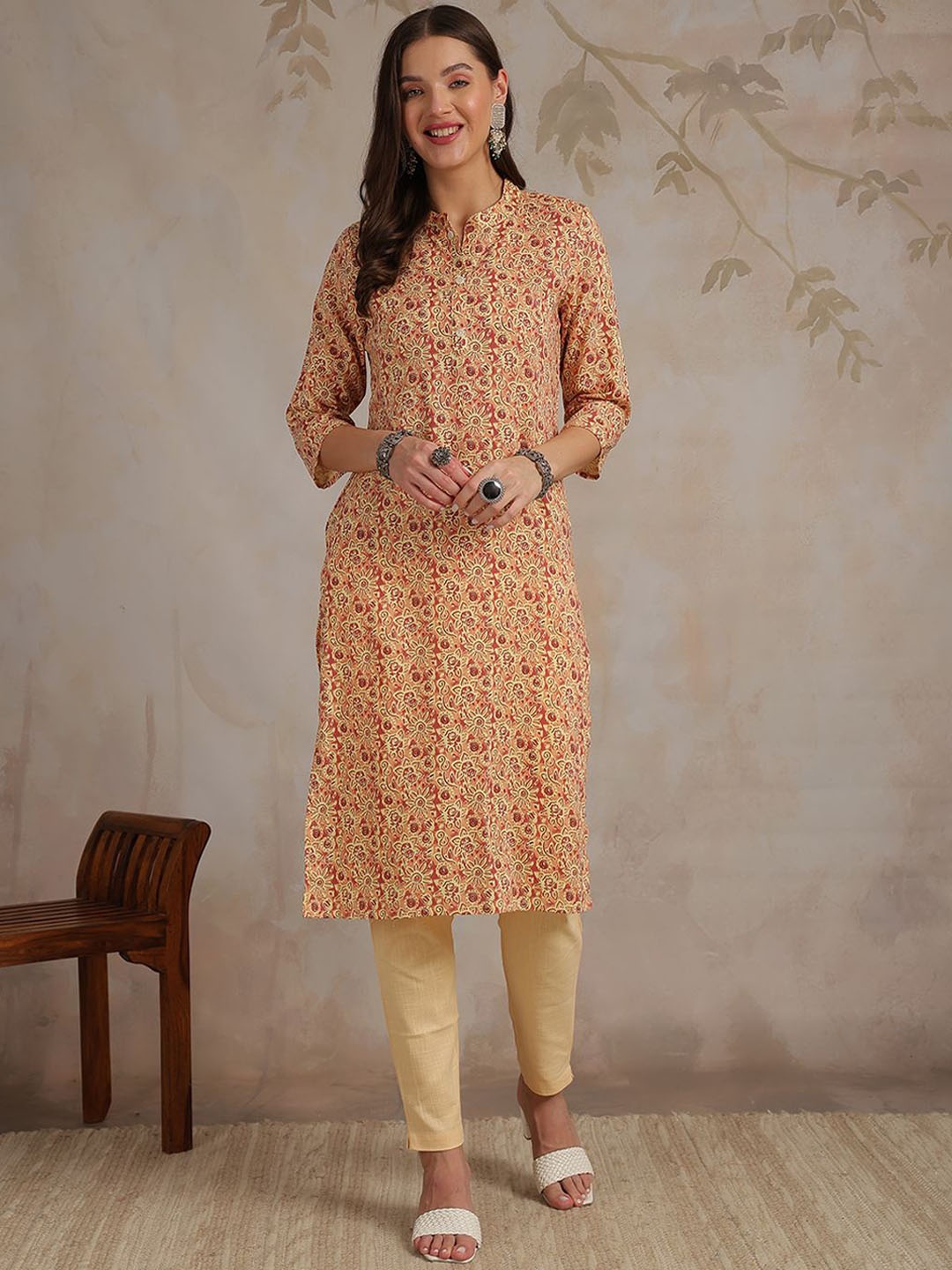 

Anouk Rustic Women Floral Printed Mirror Work Kurta, Brown
