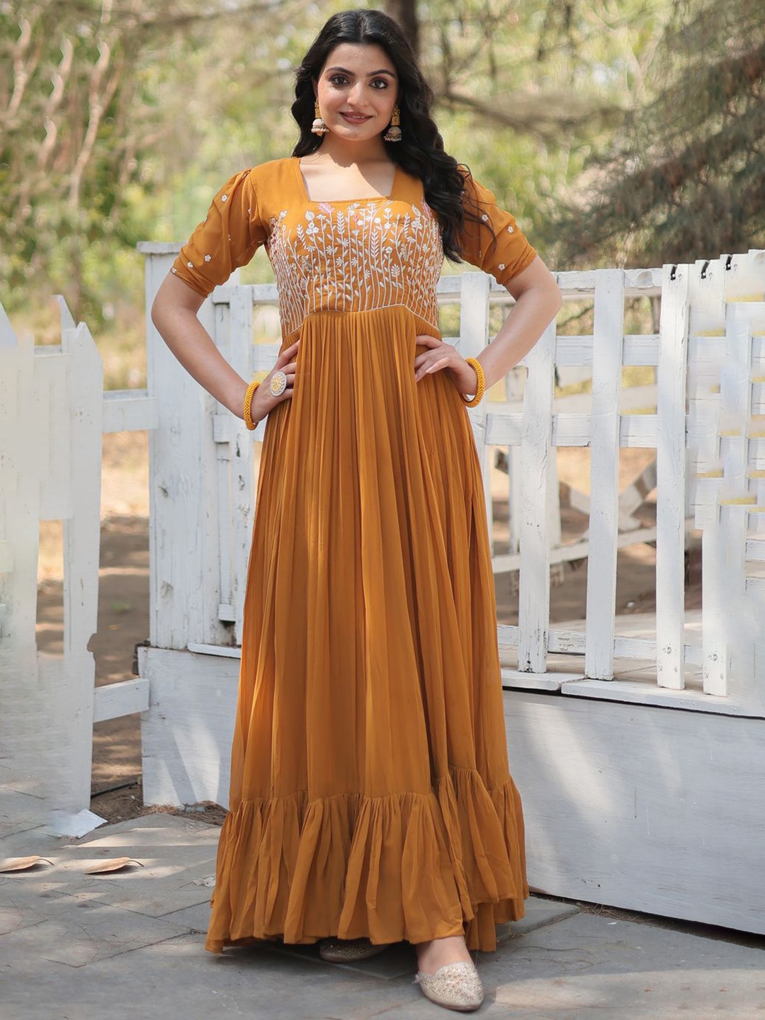 

YOYO Fashion Women Floral Embroidered Square Neck Ethnic Dress, Mustard