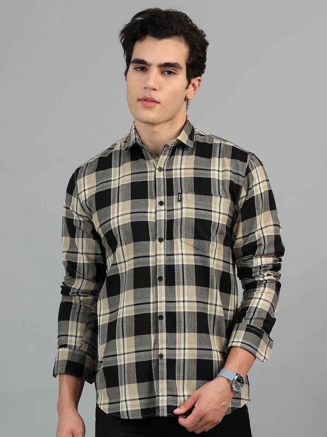 

HOUSE OF MAHNOTS Men Classic Opaque Checked Casual Shirt, Beige