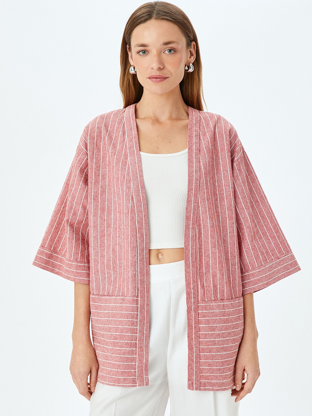 

Koton Women Cotton Striped Longline Tailored Jacket, Pink