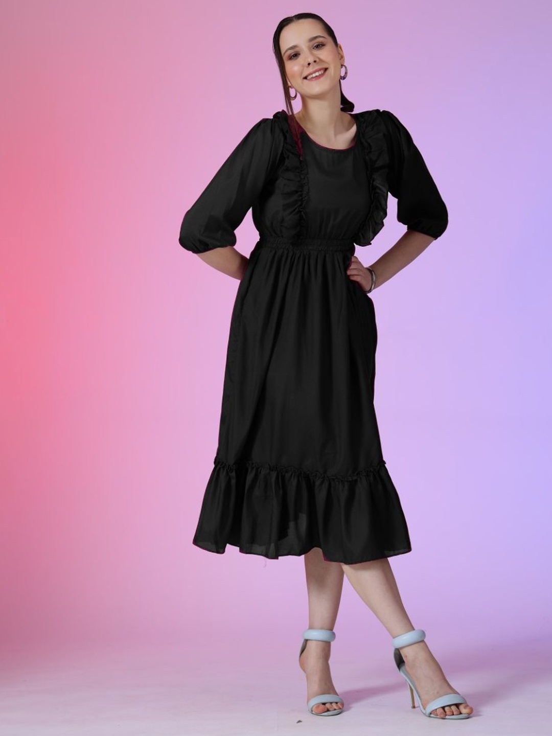 

Femvy Women Fit & Flare Puff Sleeves Midi Dress, Black