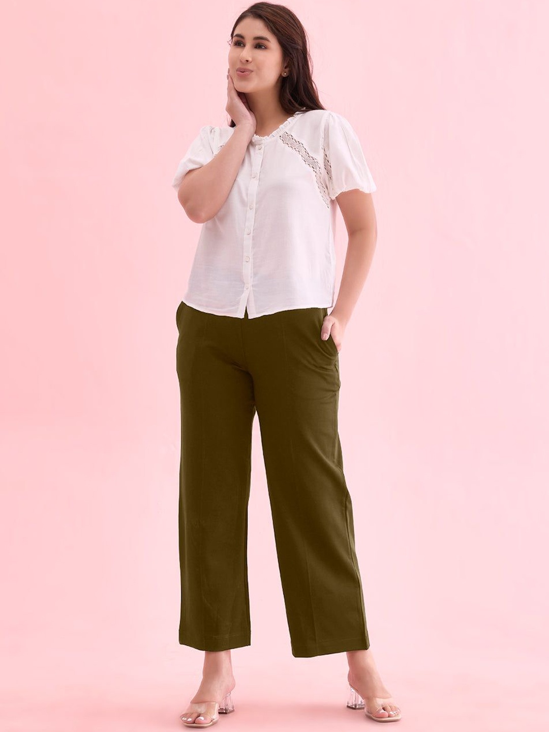 

Go Colors Women Loose Fit High-Rise Wide Leg Trousers, Olive