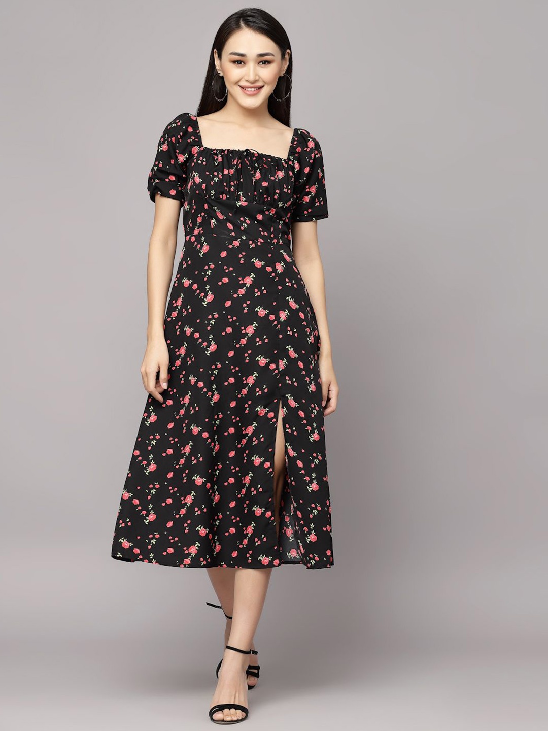 

BAESD Women Floral Printed Square Neck A-Line Midi Dress, Black