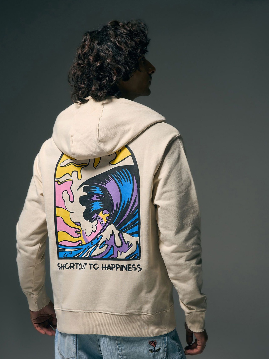 

Flying Machine Graphic Printed Hooded Long Sleeves Oversized Fit Sweatshirt, Beige