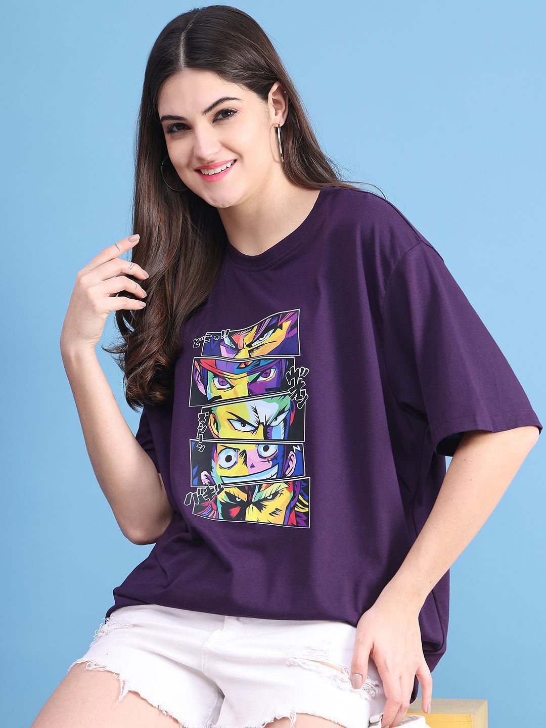 

DOOR74 Women Printed Drop-Shoulder Sleeves T-shirt, Purple