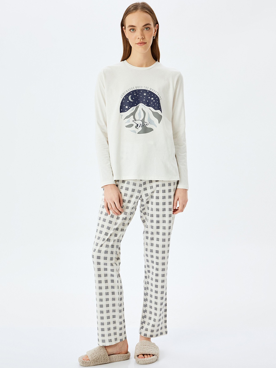 

Koton Women Pure Cotton Graphic Printed Night suit, White