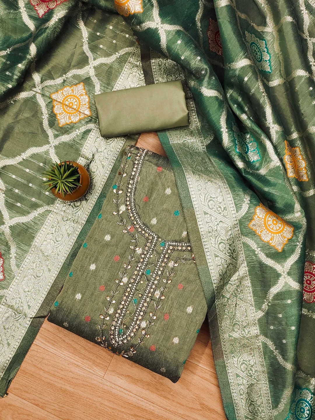 

Panzora Embellished Unstitched Dress Material, Green