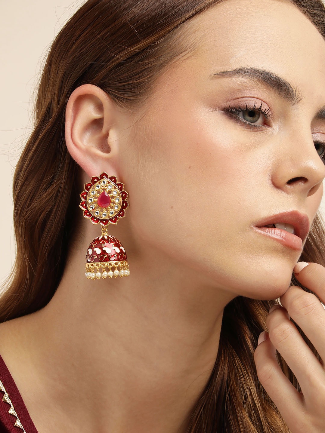 

Anouk Gold-Plated Beaded Dome Shaped Jhumkas, Maroon