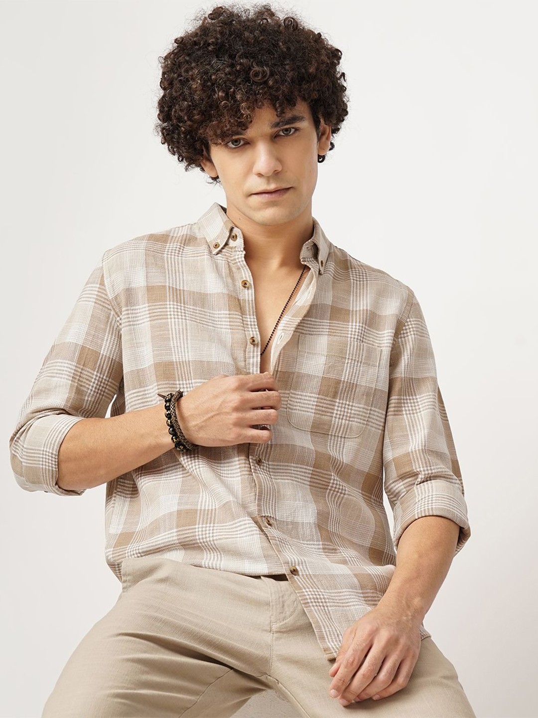 

British Club Men Comfort Button-Down Collar Tartan Checked Cotton Casual Shirt, Beige