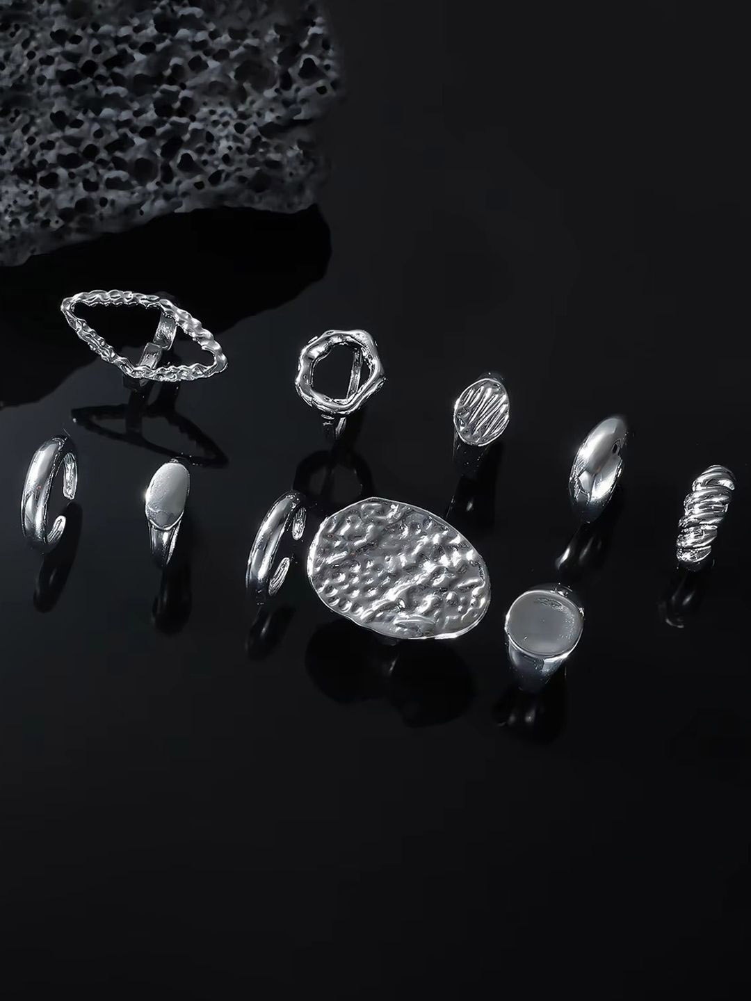 

Jewels Galaxy Set Of 10 Silver-Plated Stone-Studded Finger Ring