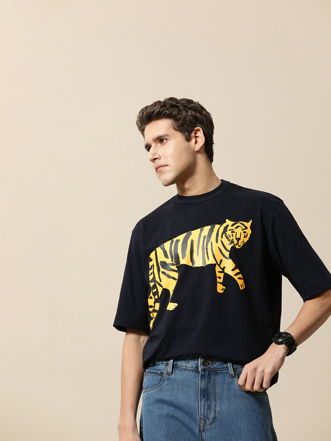 

Mr Bowerbird Printed Drop-Shoulder Sleeves Pure Cotton T-shirt, Navy blue