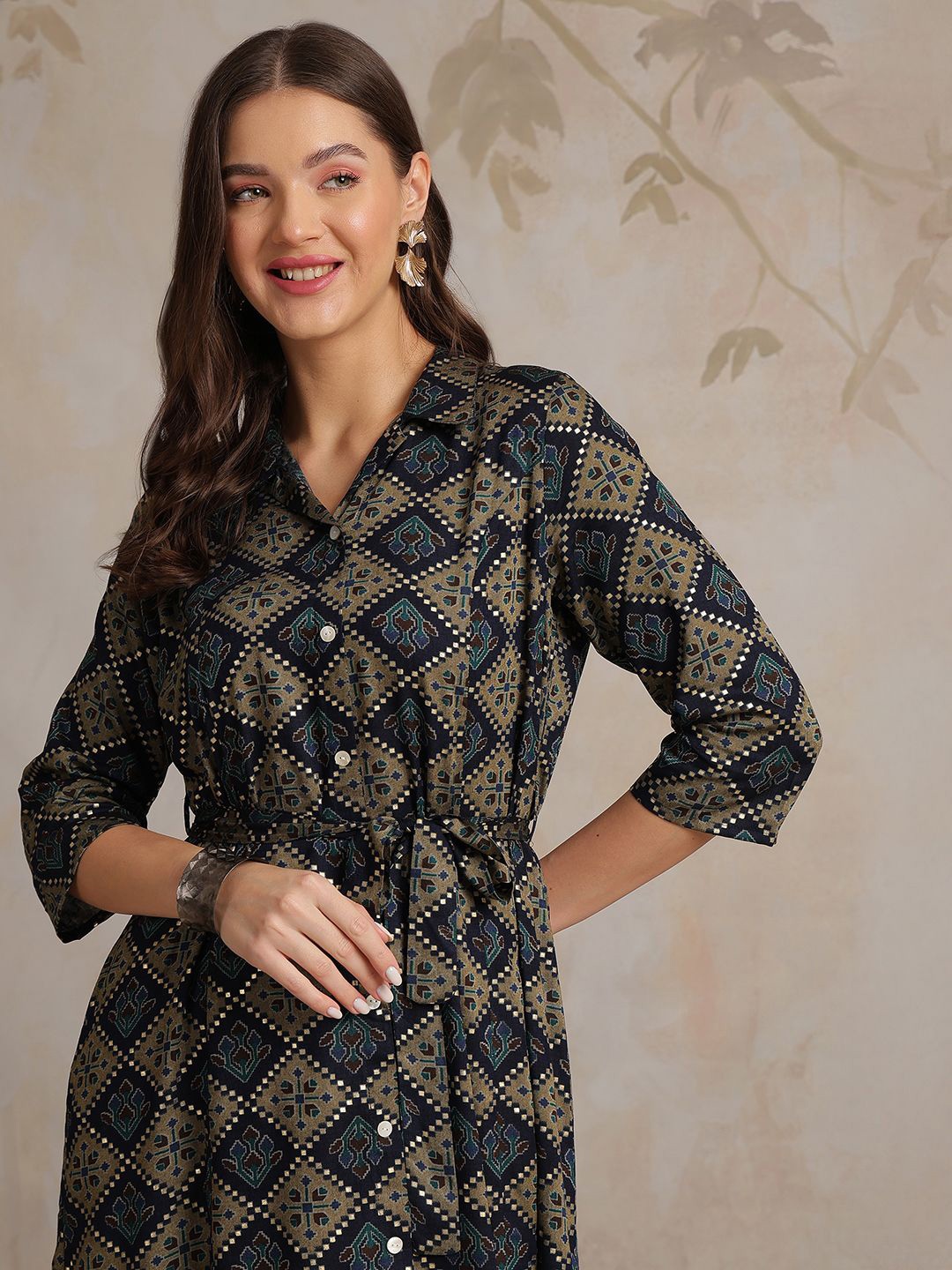 

Anouk Women Geometric Printed A-Line Dress, Olive