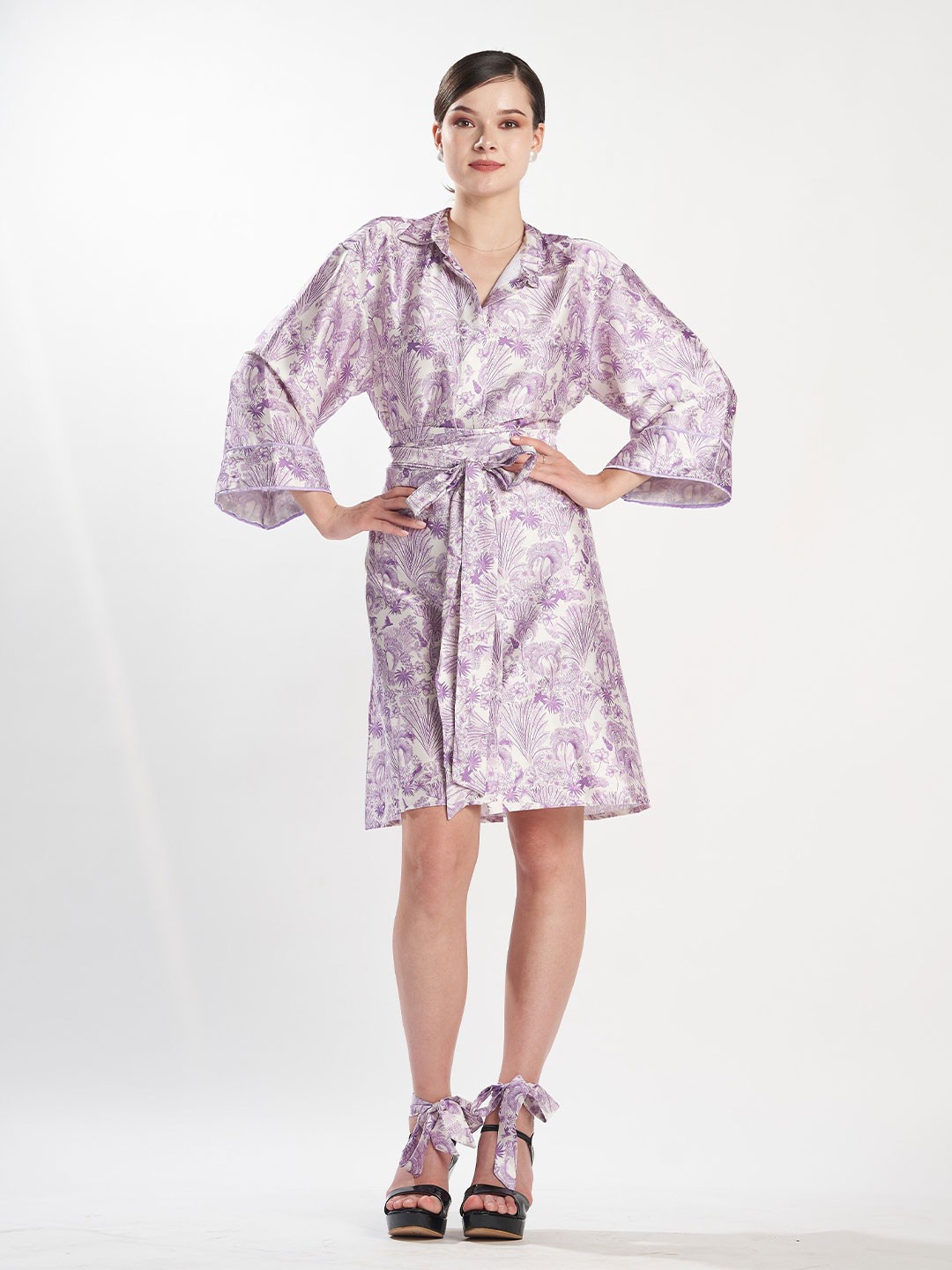 

ZILAIRE Women Floral Printed Belted Fit & Flare Mini Dress, Lavender