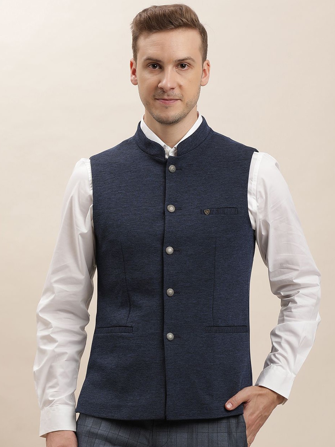 

Turtle Men Pure Cotton Woven Nehru Jacket, Navy blue