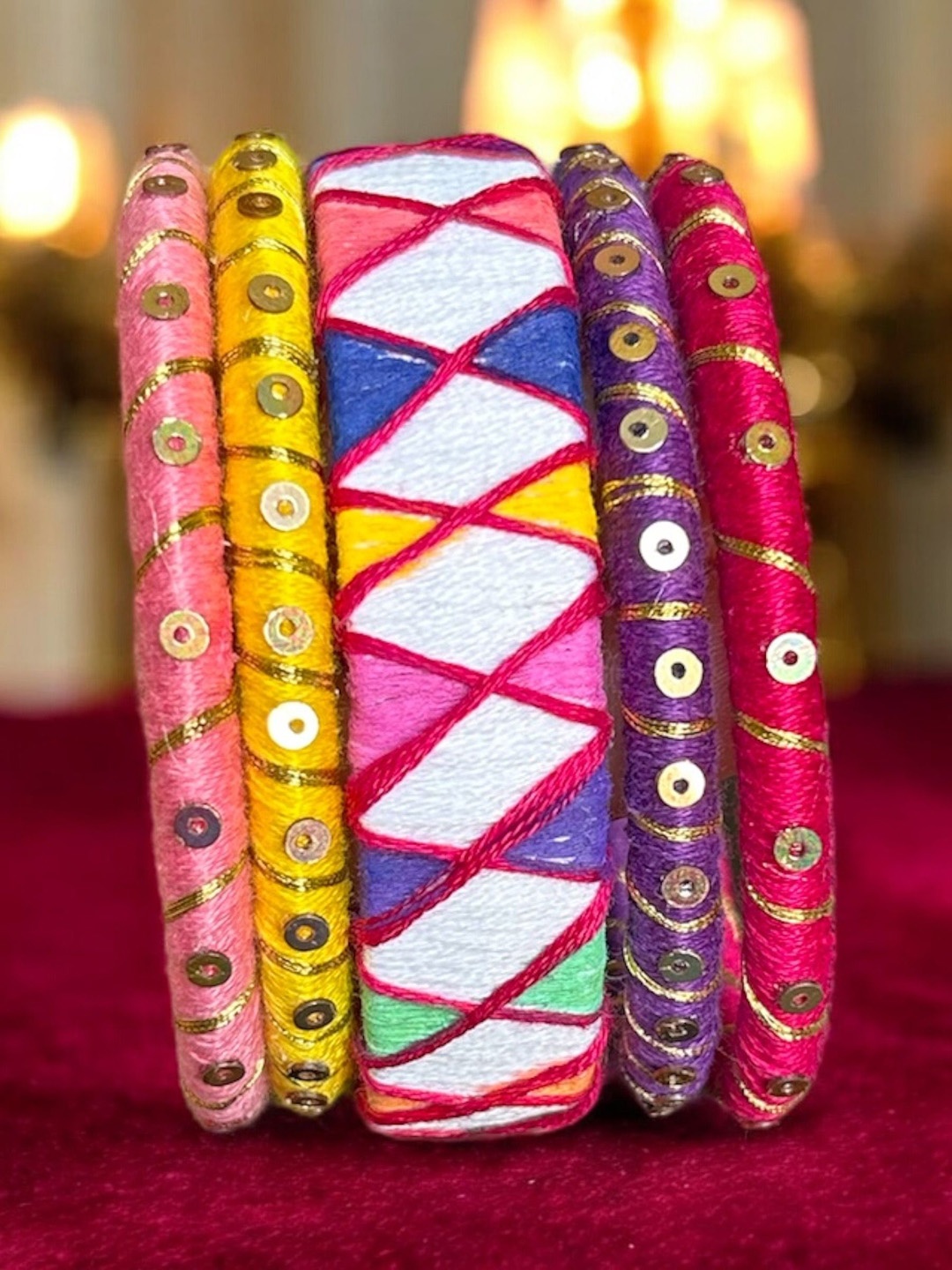 

JEWELWATI Set Of 5 Thread Bangles, Pink