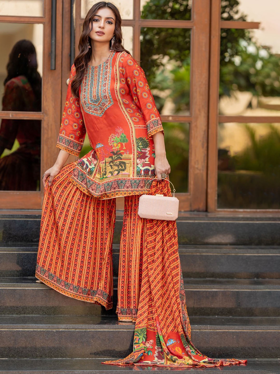 

PIRRA DESIGNS Women Ethnic Motifs Printed Regular Sequinned Silk Crepe Kurta with Sharara & With Dupatta, Rust