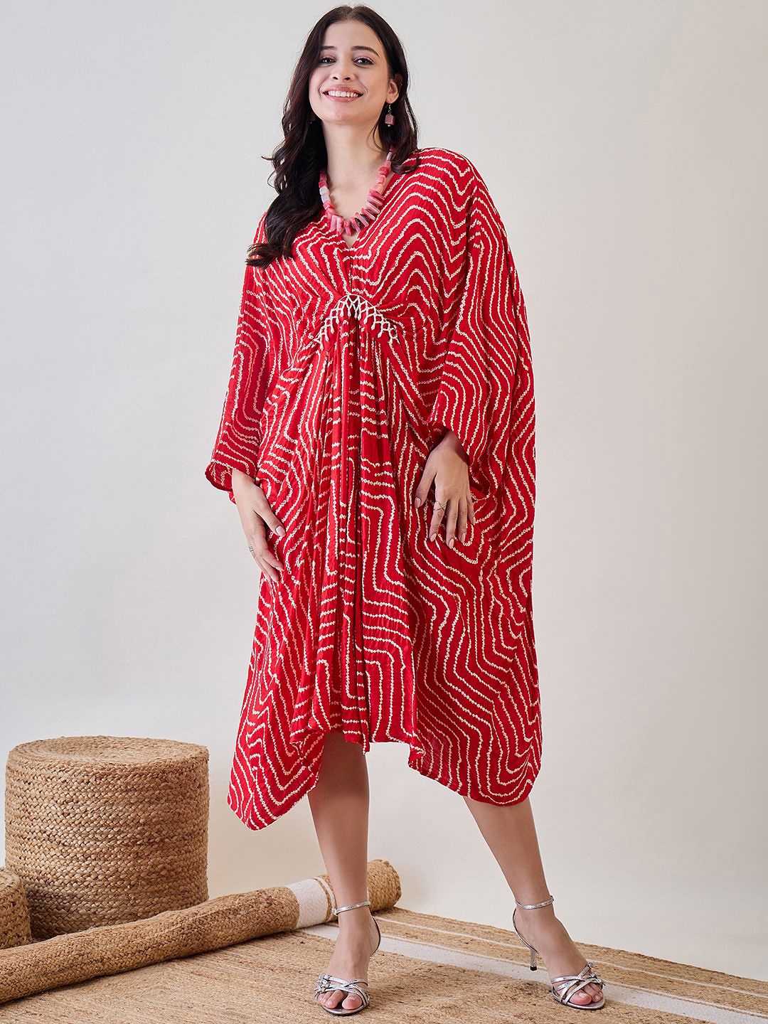 

The Kaftan Company Women Pure Silk Embellished Bandhani Kaftan Midi Dress, Red