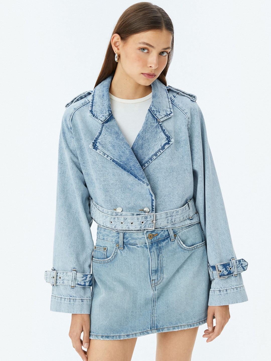 

Koton Women Washed Crop Tailored Jacket with Embroidered, Blue