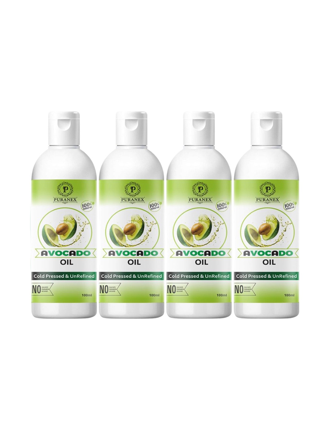 

Puranex Set Of 4 100% Pure Cold Pressed Avocado Essential Oil - 100 ml Each, Transparent