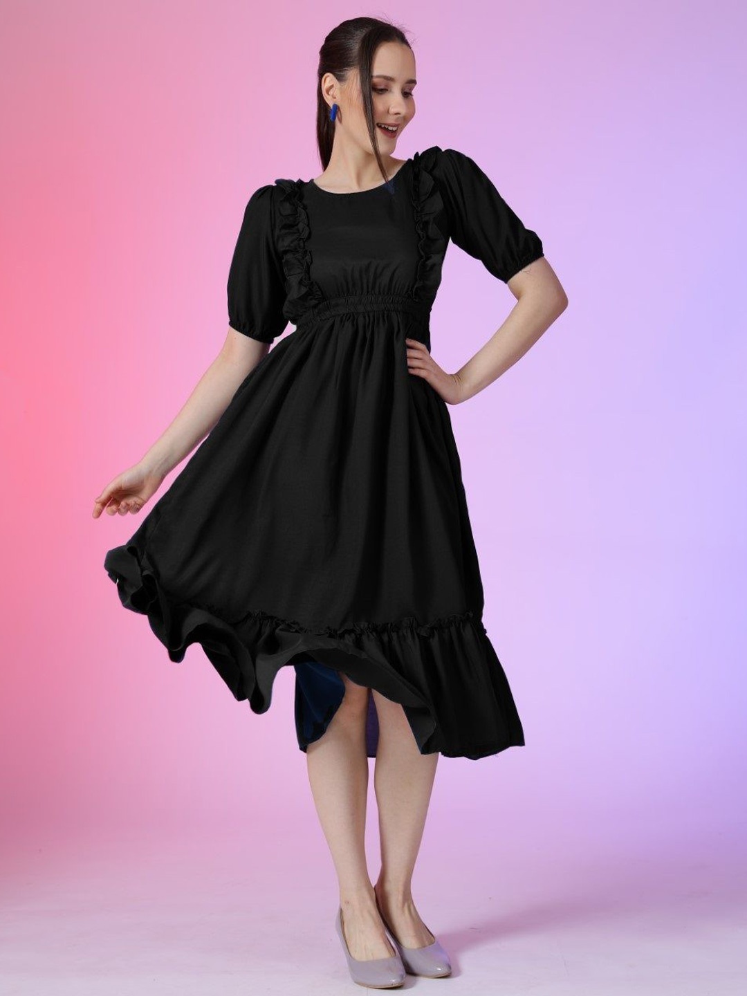 

Femvy Women Round Neck Fit & Flare Dress, Black