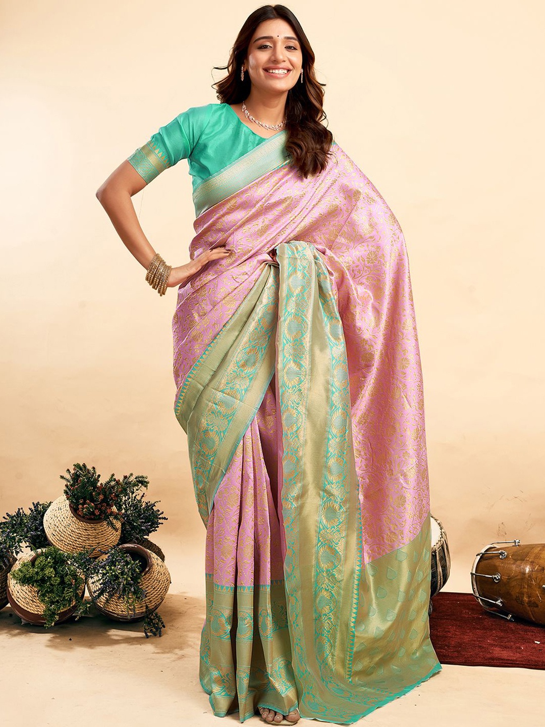 

all about you Woven Design Zari Banarasi Saree, Pink