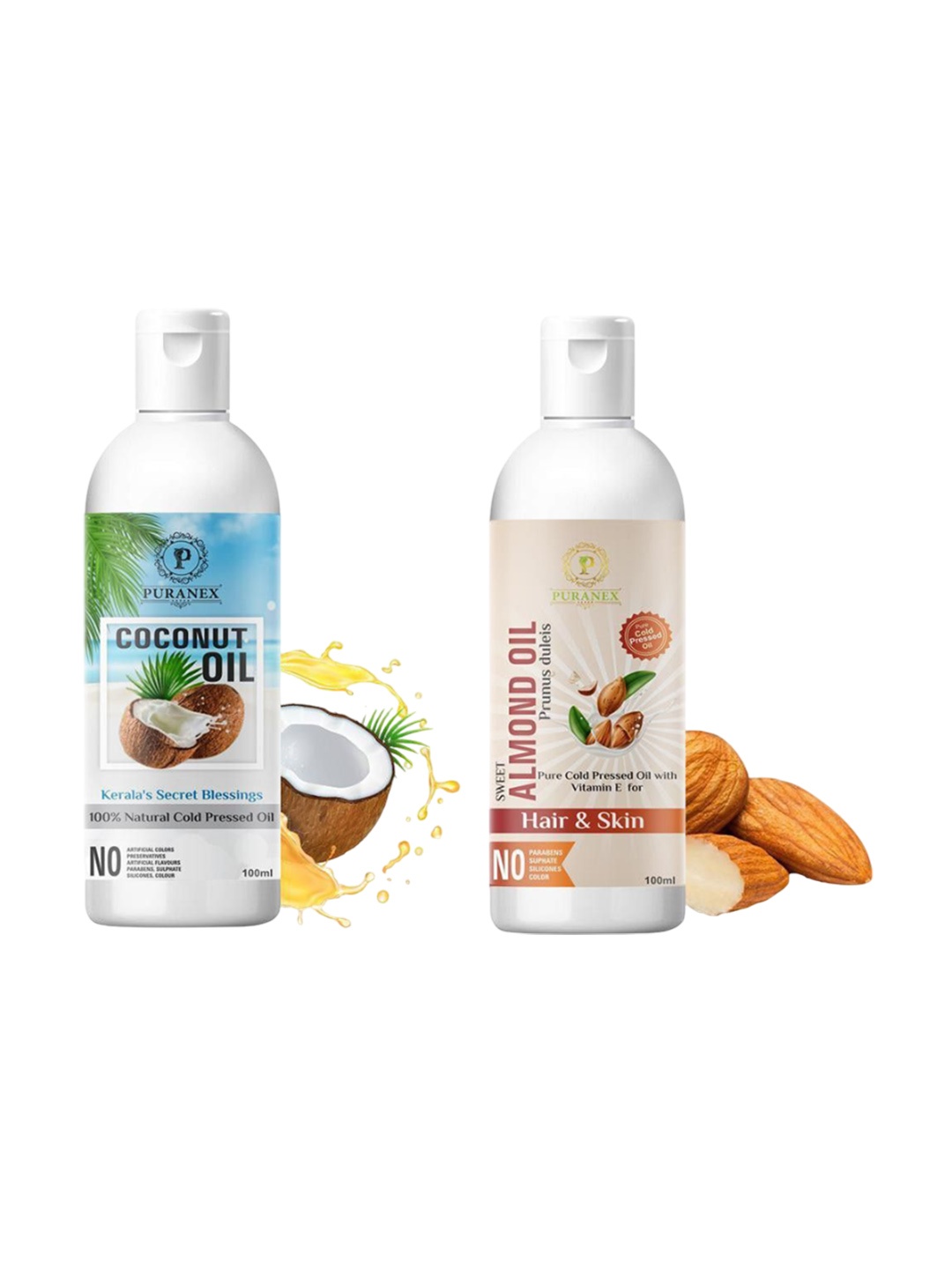 

Puranex Set Of 2 100% Cold Pressed Coconut & Almond Oil For Skin & Hair - 100 ml Each, Transparent