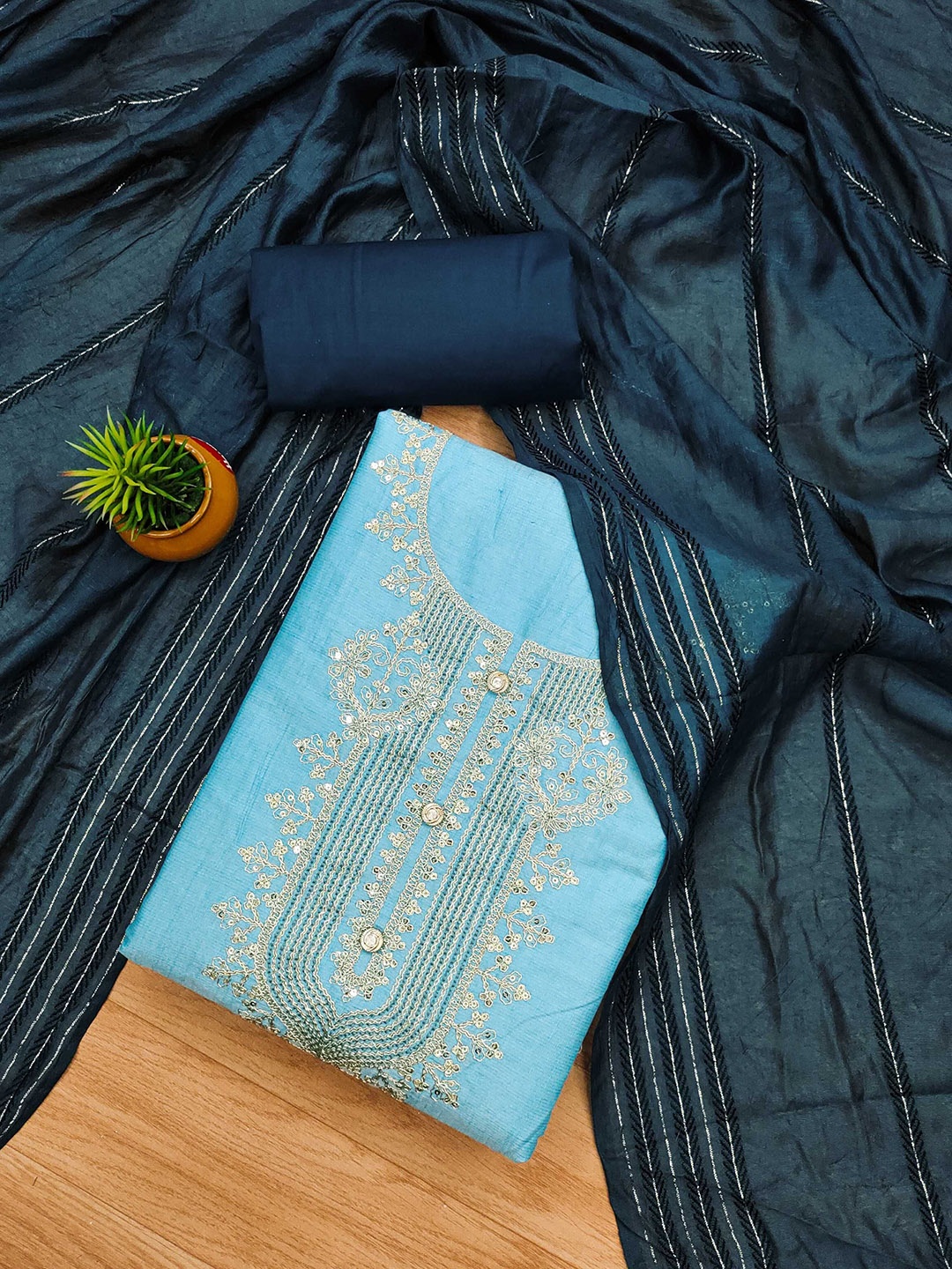

Panzora Embroidered Viscose Rayon Unstitched Dress Material, Blue