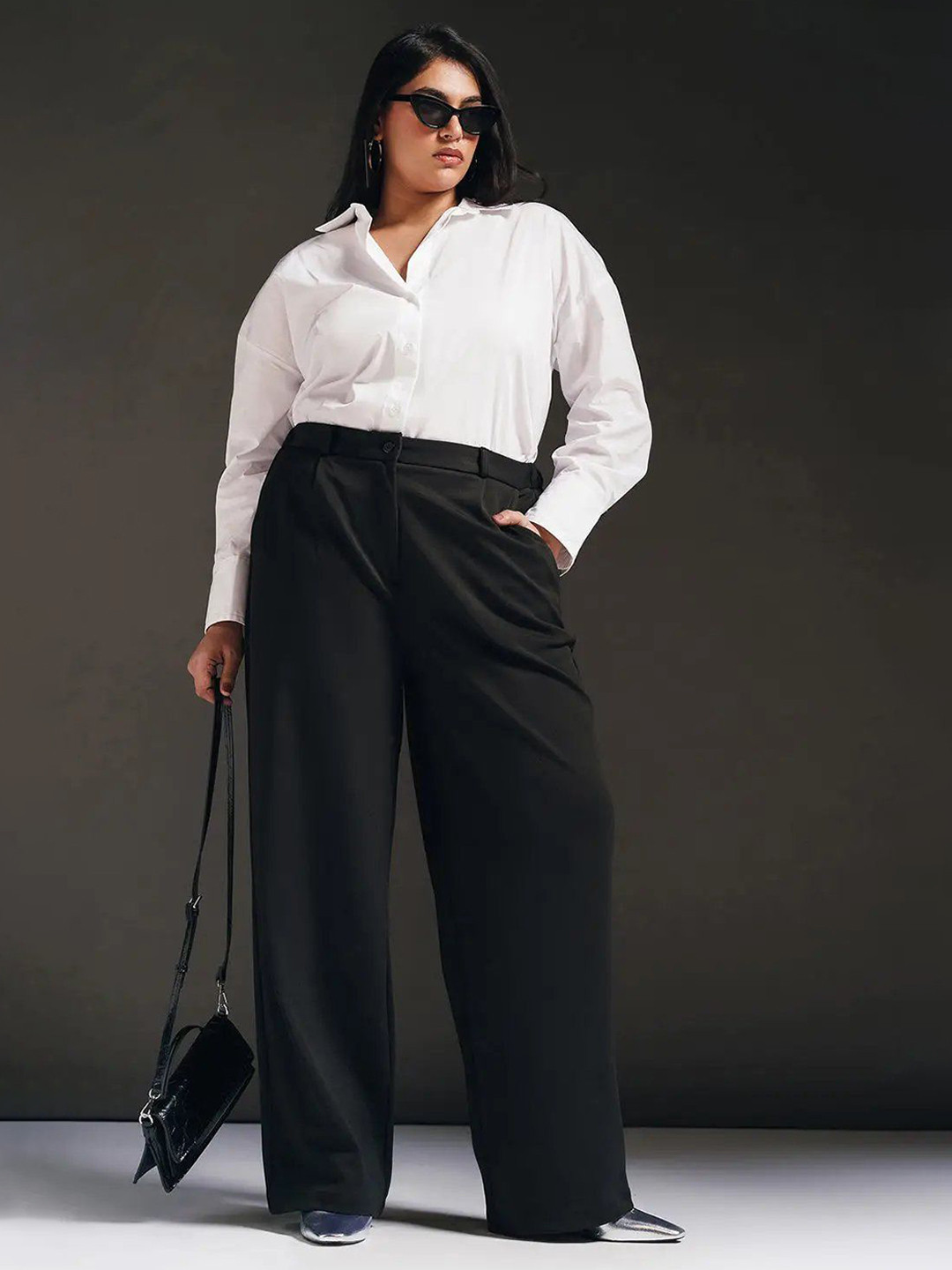 

FREAKINS Women Plus Size High-Rise Relaxed Straight Leg Polished Curve Korean Trousers, Black