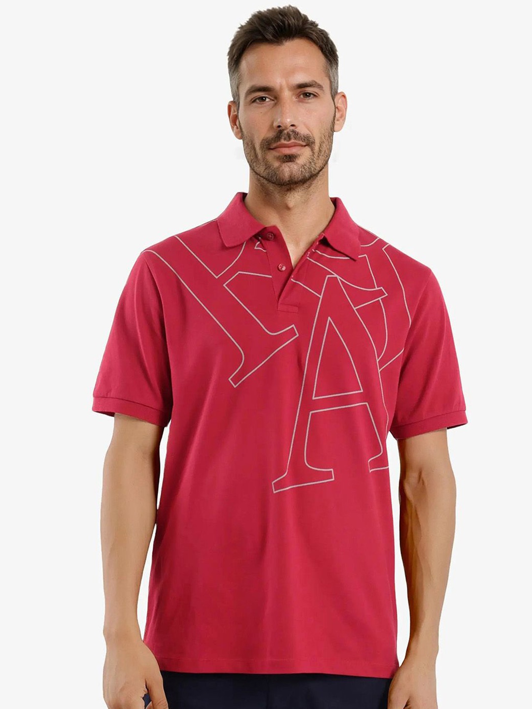 

RARE RABBIT Men Typography Printed Polo Collar Cotton T-shirt, Red