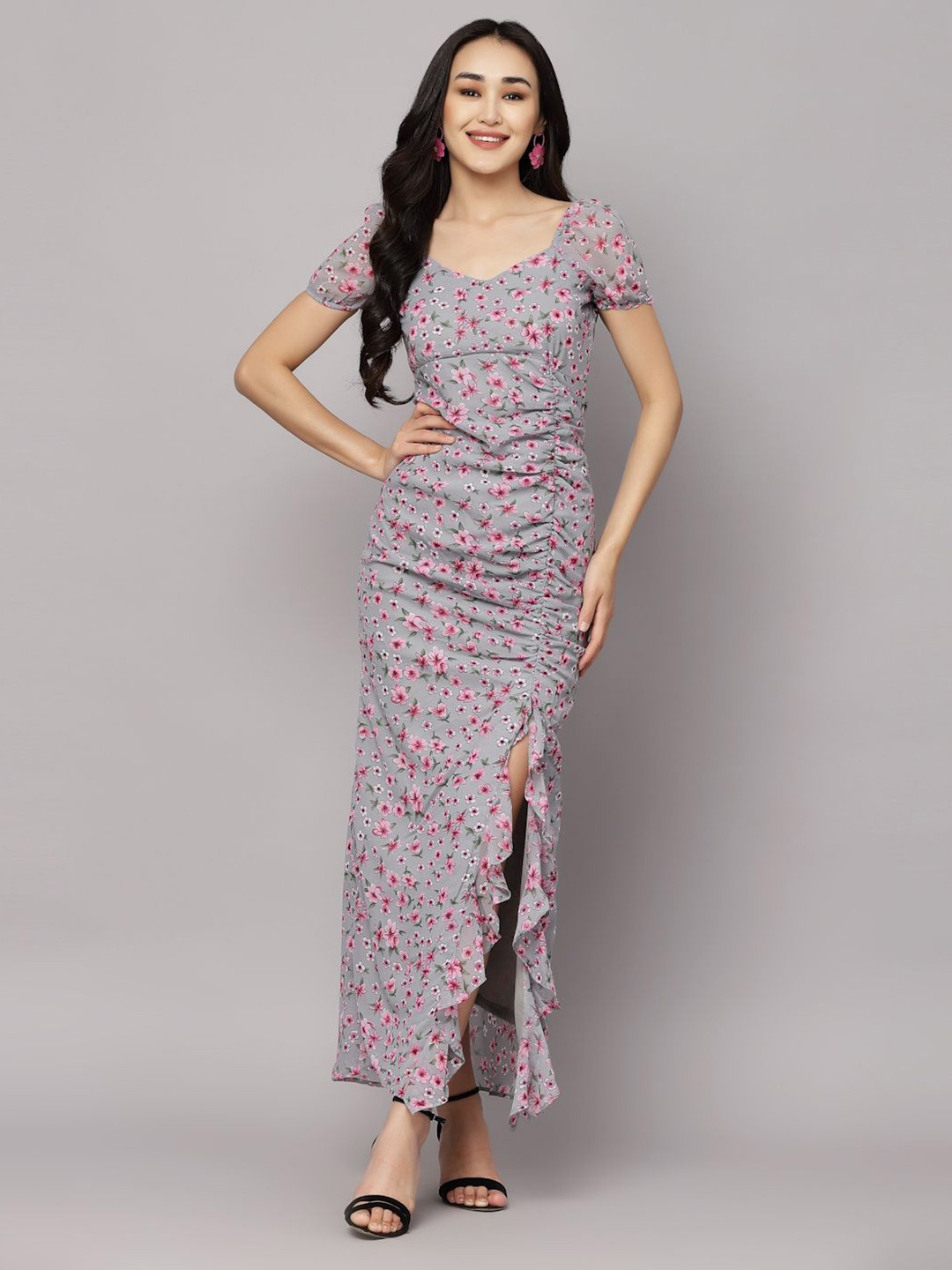 

BAESD Women Floral Printed Gathered & Ruched Sheath Dress, Grey