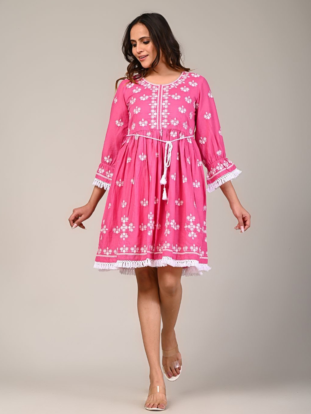 

Zolo Label Women Floral Embroidered Bell Sleeve Cotton Fit & Flare Dress, Pink