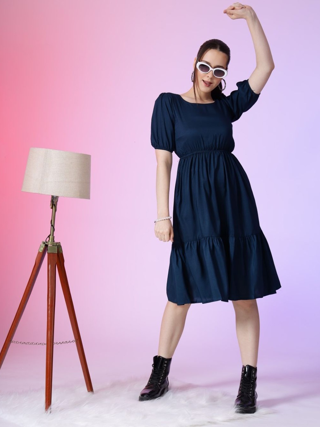 

Raiyani Enterprise Women Round Neck Fit & Flare Knee Length Dress, Blue