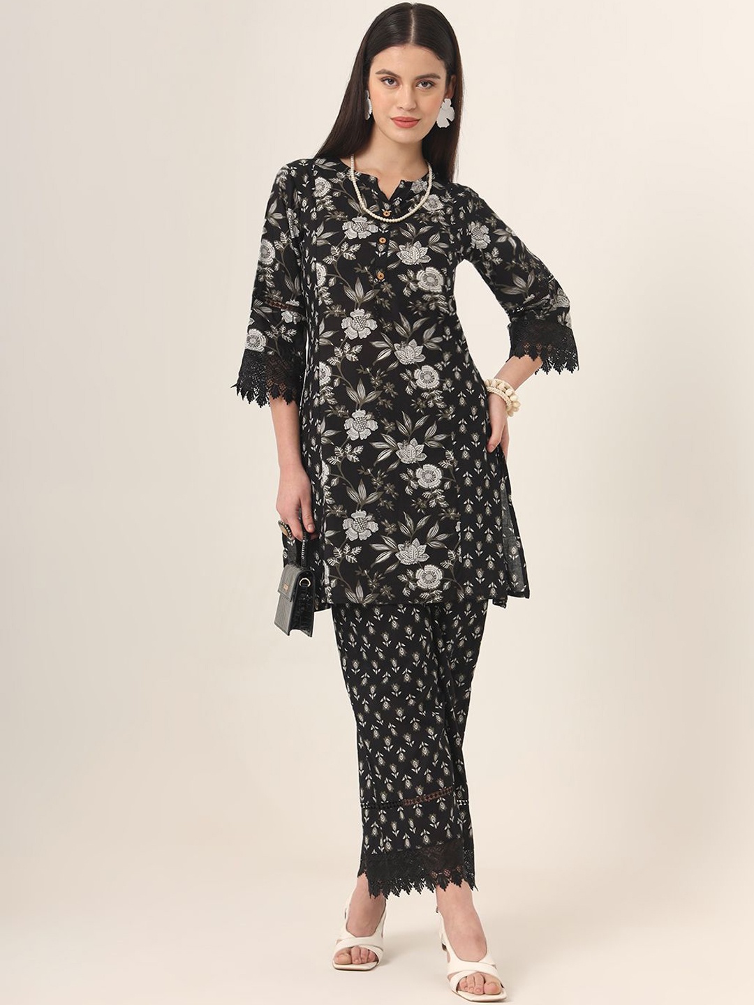 

Yufta Printed Pure Cotton Tunic With Palazzo Co-Ords, Black