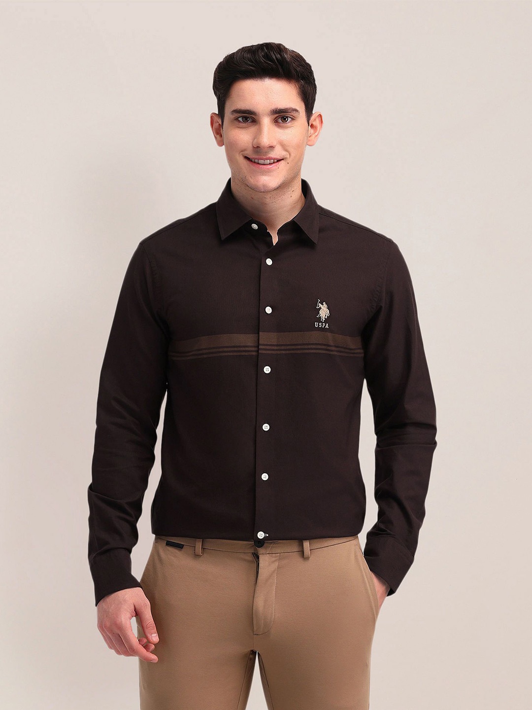 

U.S. Polo Assn. Men Spread Collar Horizontal Striped Cotton Tailored Fit Casual Shirt, Brown